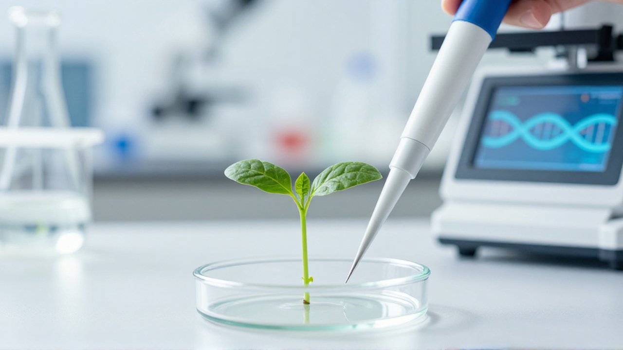 Plántula verde creciendo en una placa de Petri junto a una micropipeta en un laboratorio.