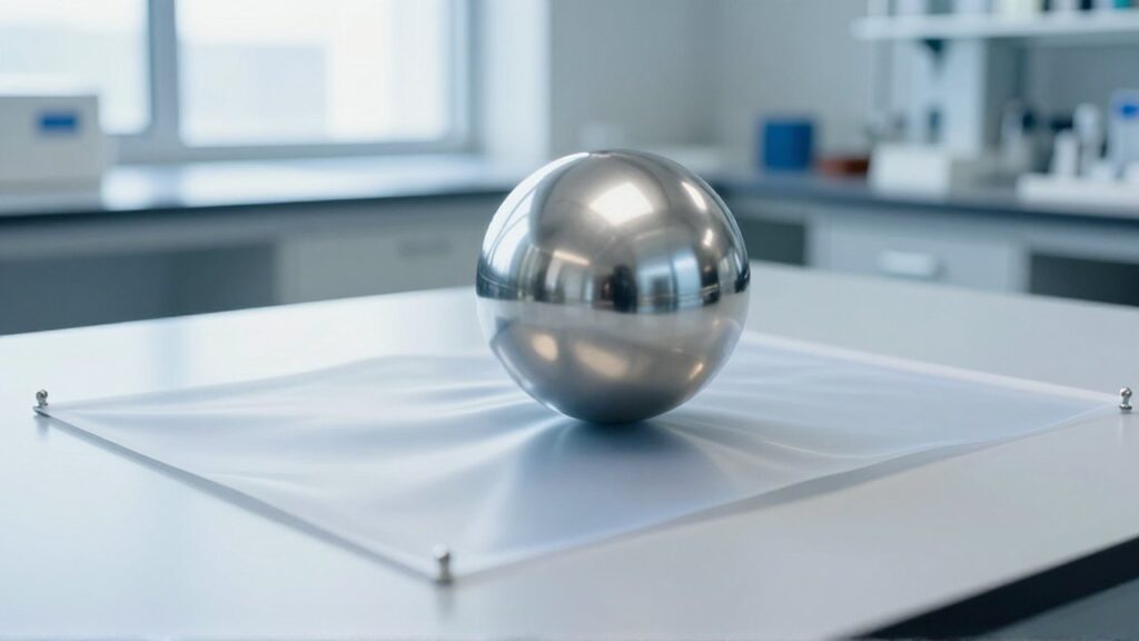Una esfera de acero pulido descansa sobre una membrana elástica translúcida que se curva bajo su peso.