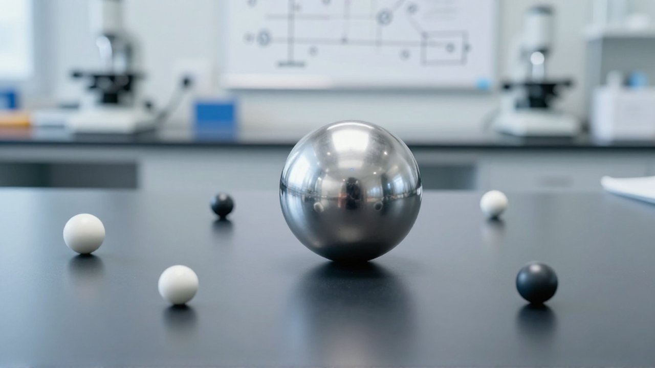Una esfera metálica grande rodeada de esferas pequeñas sobre una superficie gris en un laboratorio.