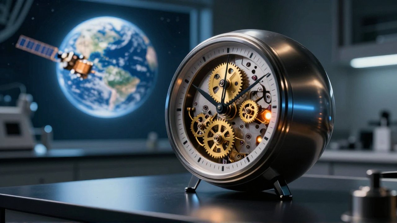 Reloj analógico de engranajes de latón junto a una esfera metálica sobre una superficie oscura frente a un ventanal de observatorio.
