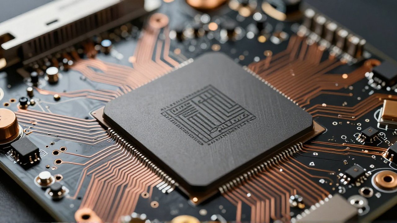 Primer plano detallado de una unidad de procesamiento gráfico con transistores microscópicos y trazas de cobre.