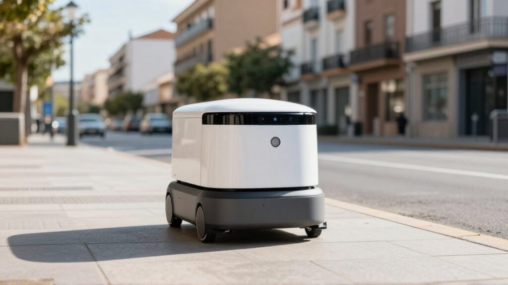 Robot de reparto blanco con sensores recorre una acera de una ciudad con arquitectura mediterránea.