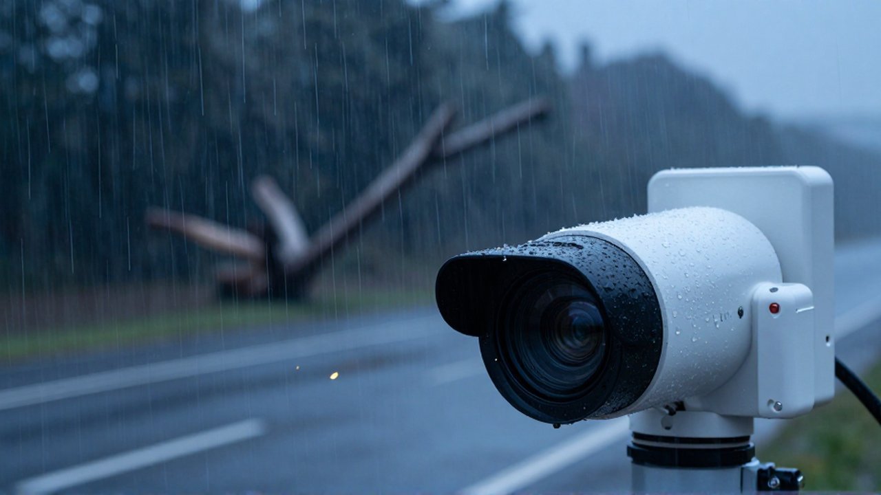 Sensores de un vehículo autónomo con gotas de lluvia bajo la luz tenue del crepúsculo.