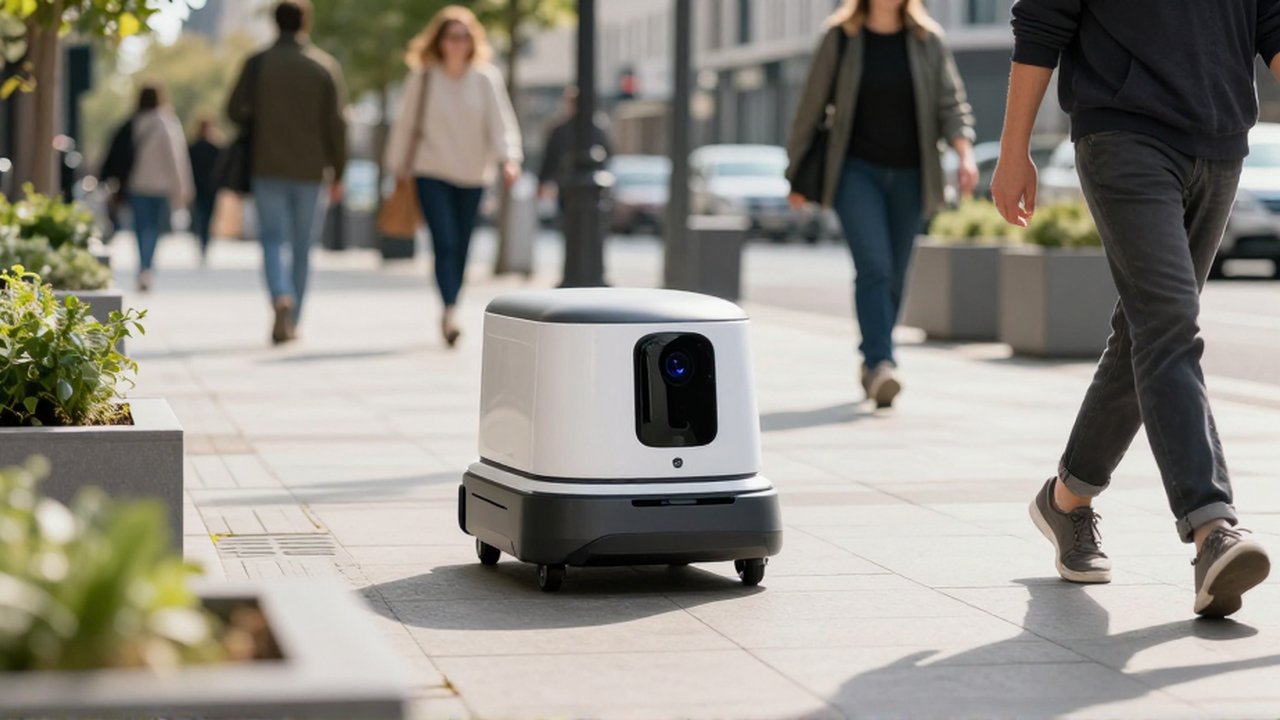 Robot de reparto autónomo de acabado mate circula por una acera urbana entre peatones.