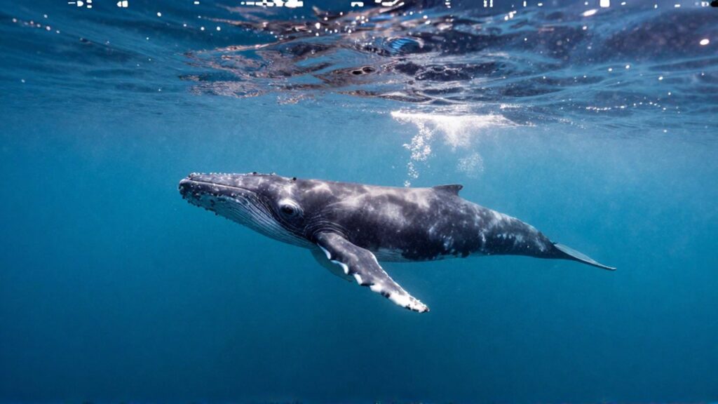 Ballena jorobada nadando de perfil en aguas azules iluminadas por rayos de sol.