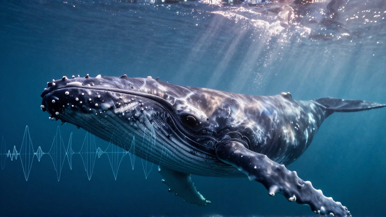 Primer plano macro de la piel de una ballena jorobada fundiéndose con patrones de ondas sonoras en el océano.
