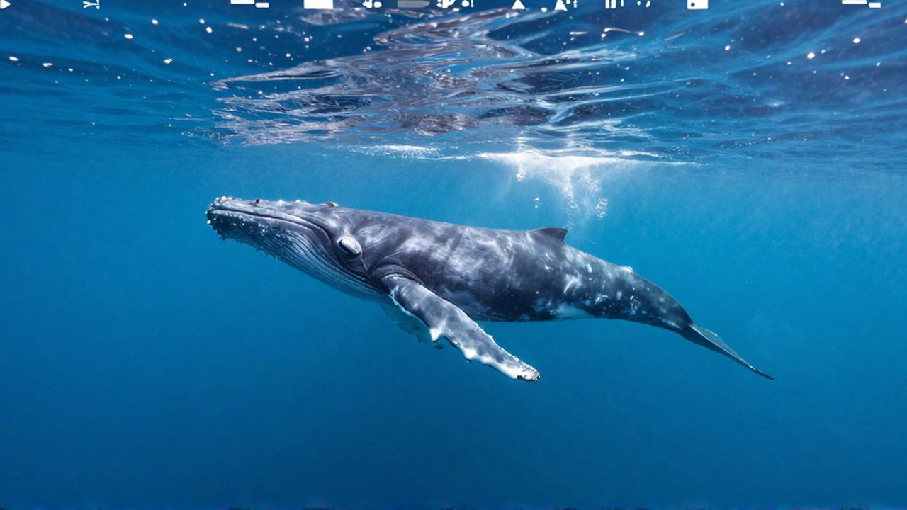 Una ballena jorobada nada en un océano azul profundo con ondas de presión acústica visibles.