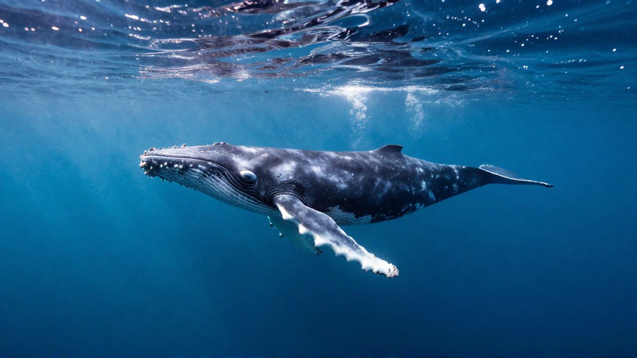 Una ballena jorobada nada bajo el océano mientras rayos de luz atraviesan el agua cristalina.