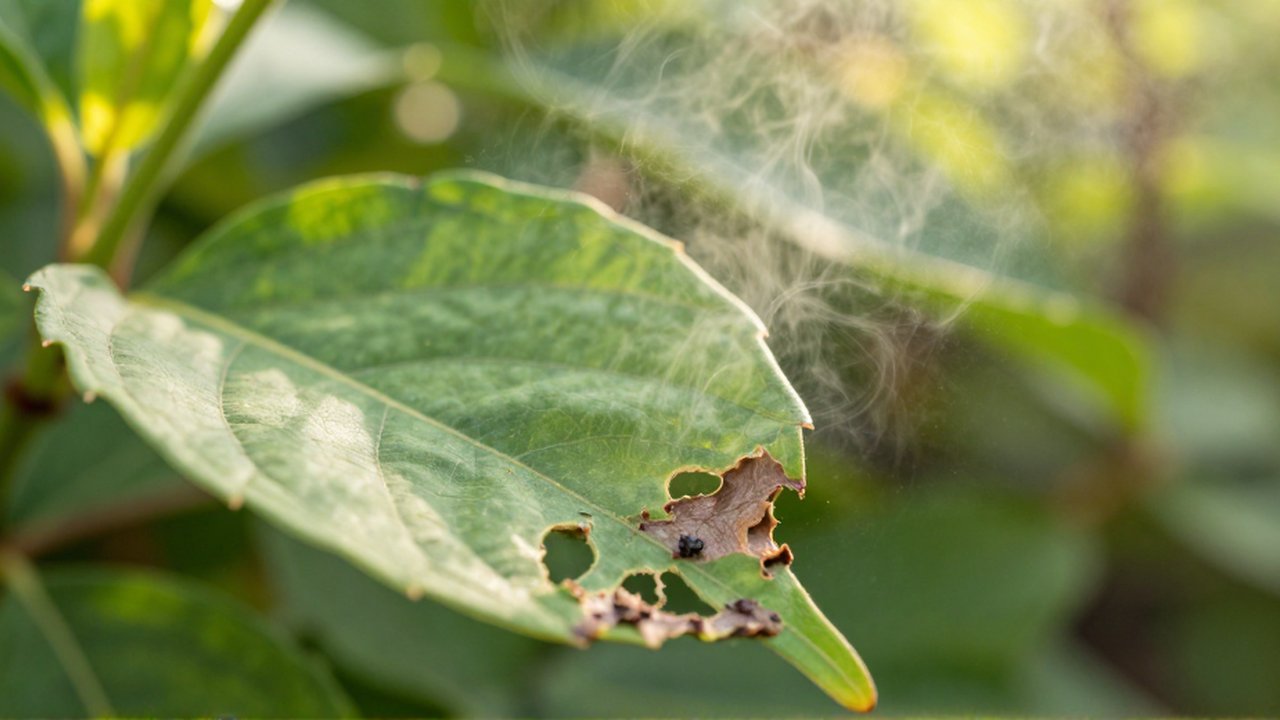Una niebla translúcida de partículas finas emana de una pequeña zona dañada en una hoja verde.