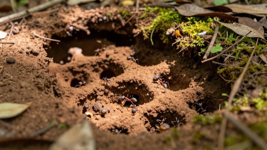 Hormigas tejedoras recorren túneles y cámaras de un hormiguero bajo la tierra de un bosque.