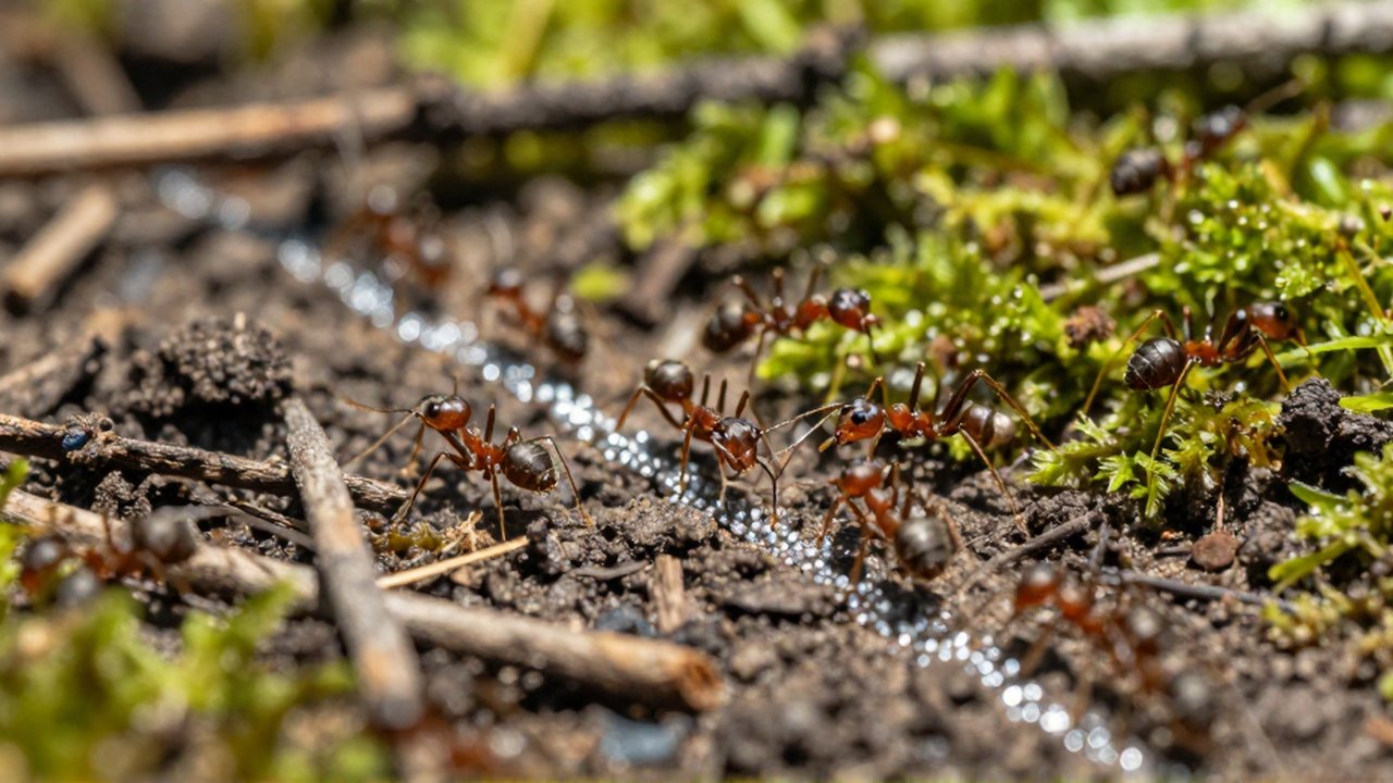 Hilera de hormigas recorriendo un rastro de partículas brillantes sobre el suelo de un bosque.