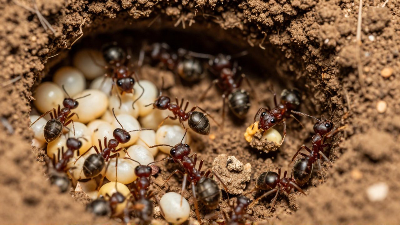 Hormigas obreras trabajan en los túneles de tierra cuidando larvas y transportando fragmentos de comida.