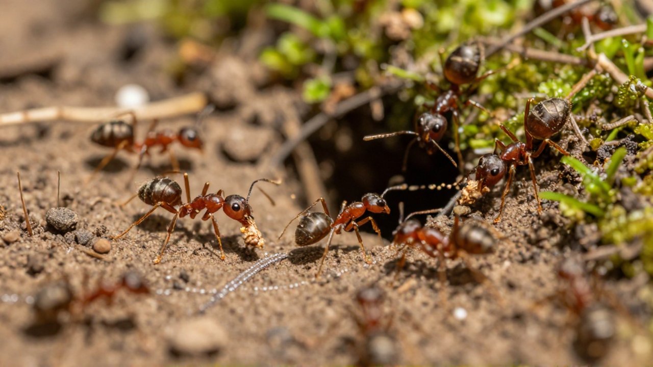 Varias hormigas caminan sobre tierra y raíces cerca de la entrada de un hormiguero.