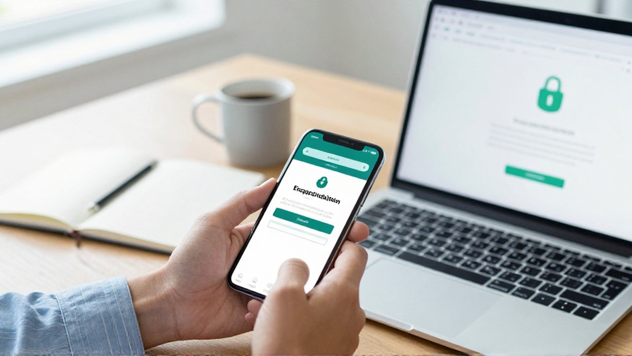 Una mano sostiene un smartphone con un código de autenticación junto al teclado de un portátil.