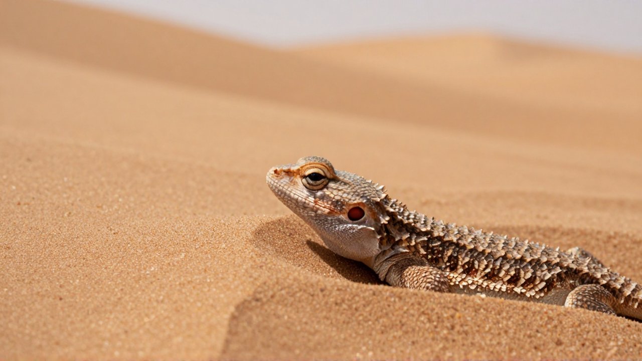 Cabeza y escamas de un pequeño reptil emergiendo de la arena fina en un desierto.