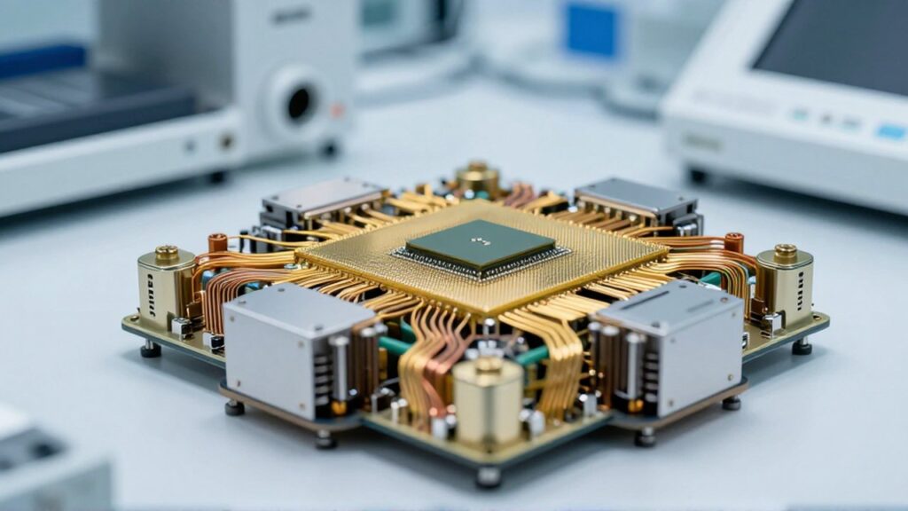 Un procesador cuántico con cables de oro y componentes criogénicos sobre un entorno de laboratorio.