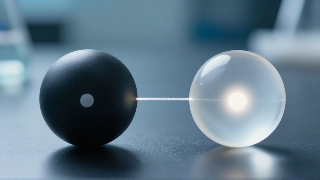 Esfera negra con un punto marcado junto a una esfera translúcida luminosa conectadas por un hilo de luz.