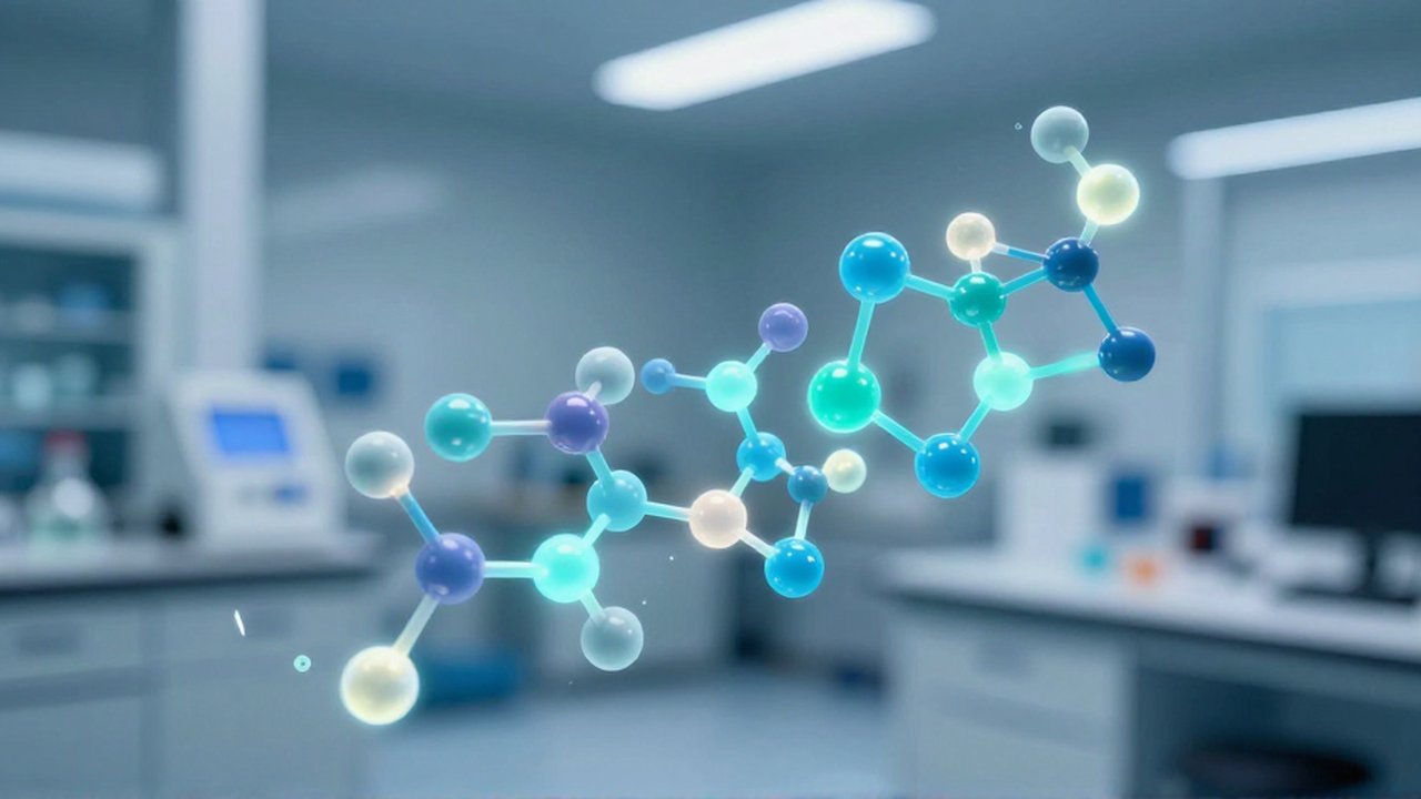 Representación digital de una estructura molecular con átomos interconectados flotando en un laboratorio moderno.