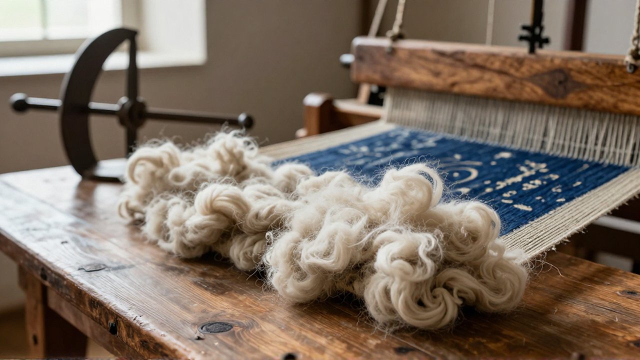 Vellón de lana cruda junto a un tejido medieval sobre una mesa de madera en un taller.