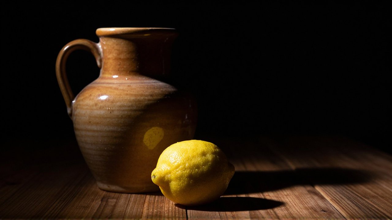Una jarra de cerámica y un limón parcialmente pelado sobre una mesa de madera rústica.