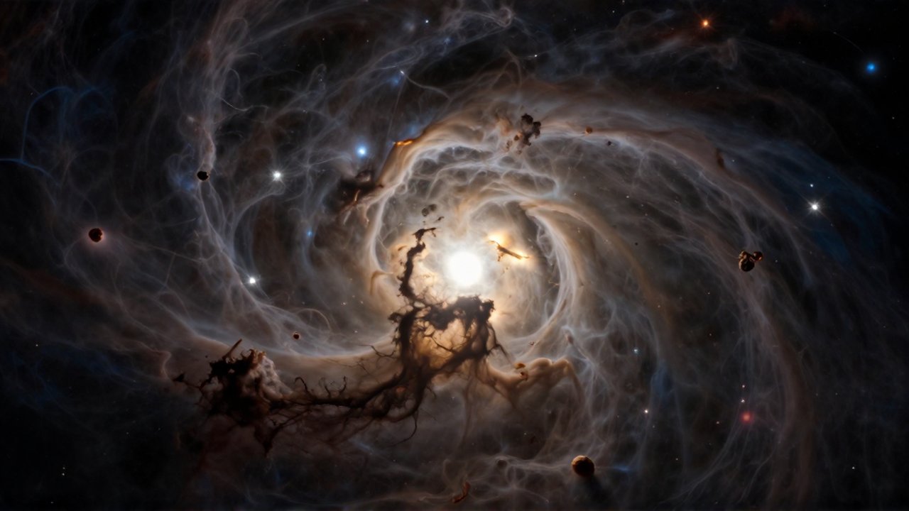 Una densa nube molecular de gas y polvo cósmico rodea un núcleo brillante en formación.