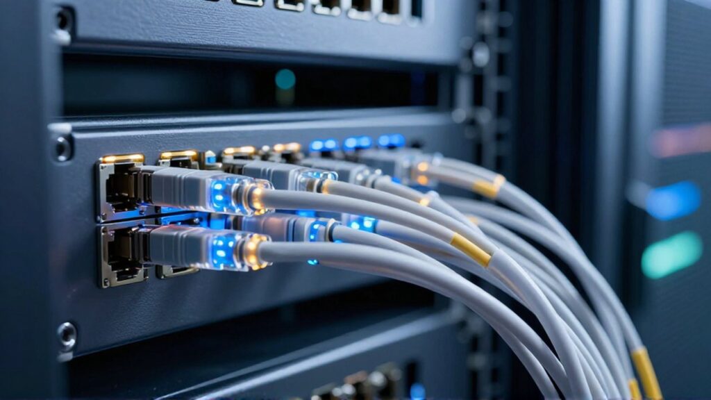 Primer plano de cables de fibra óptica con pulsos de luz azul y ámbar en un centro de datos.