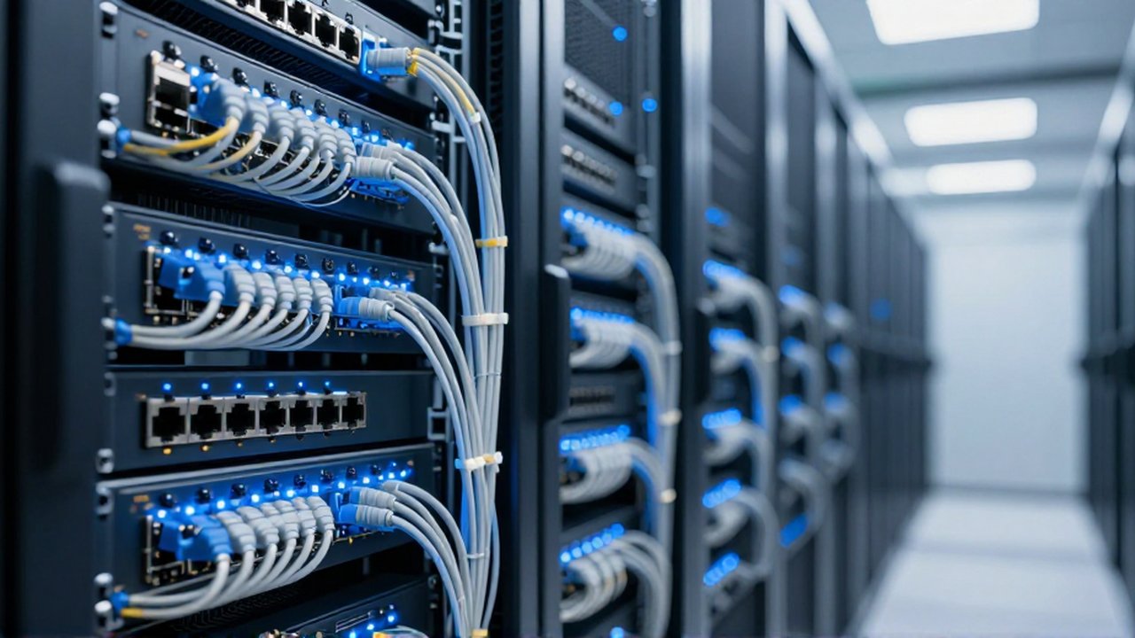 Primer plano de un rack de servidores con cables de fibra óptica y luces LED azules.