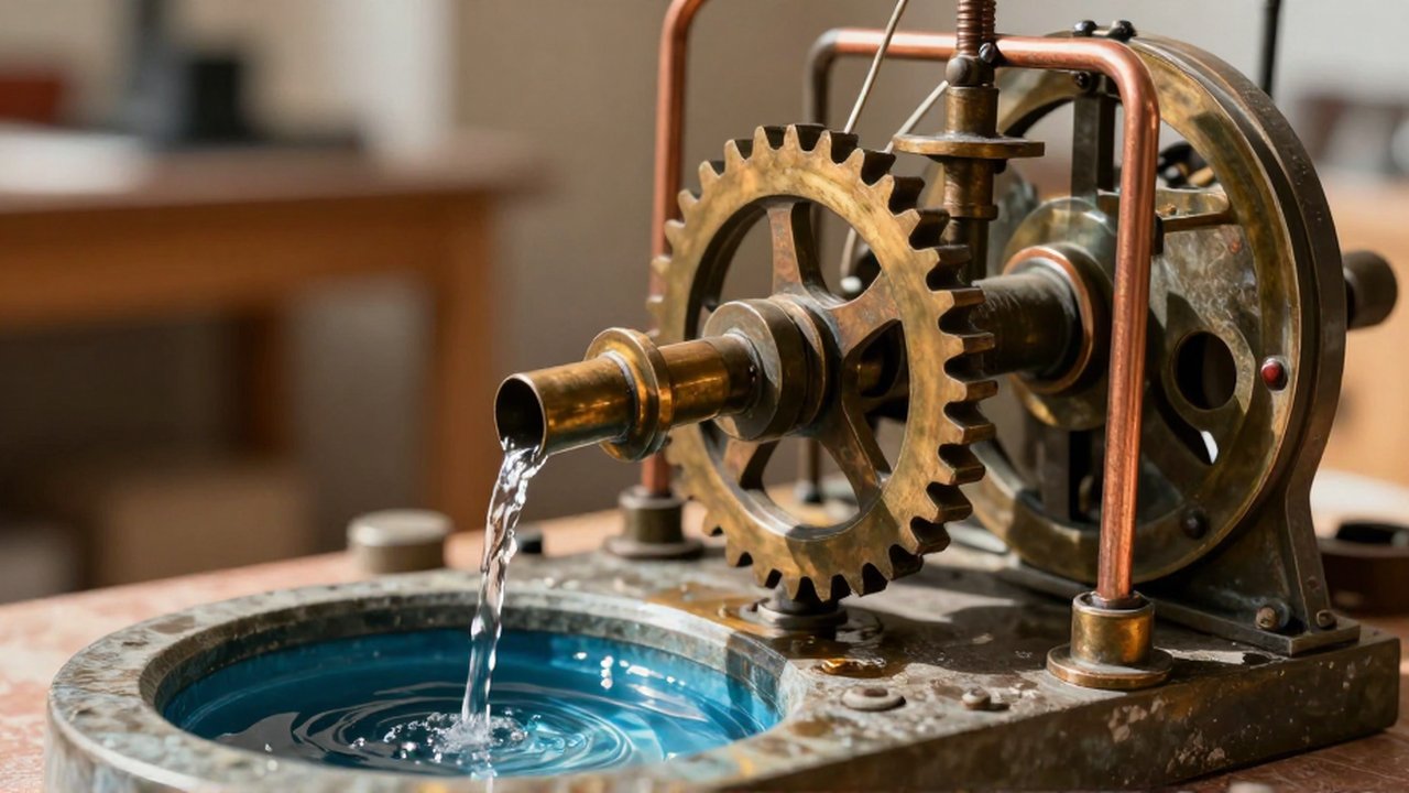 Agua fluye desde un pequeño caño hacia un recipiente dentro de un mecanismo de engranajes de bronce.