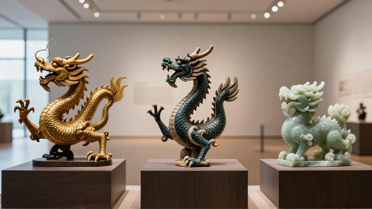 Tres figuras de dragones de bronce dorado, cerámica oscura y jade sobre pedestales de madera.