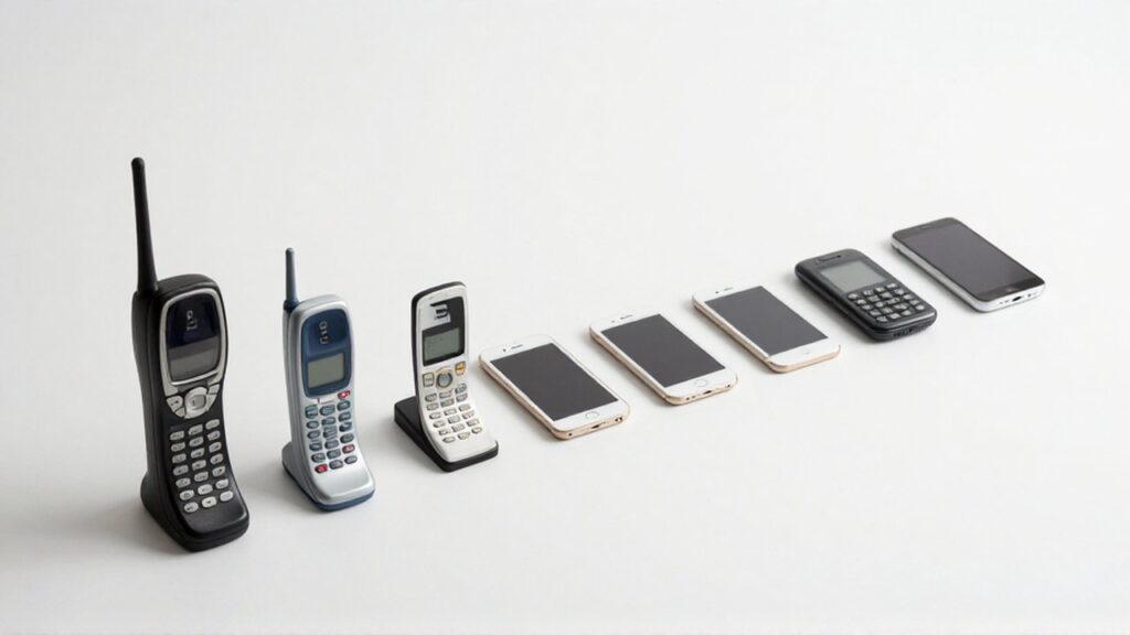 Línea diagonal de teléfonos móviles que evoluciona desde un dispositivo analógico voluminoso hasta un smartphone moderno.