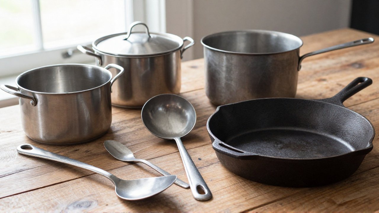 Utensilios de cocina industriales del siglo XIX, como una olla de acero y una sartén de hierro, sobre una mesa de madera.
