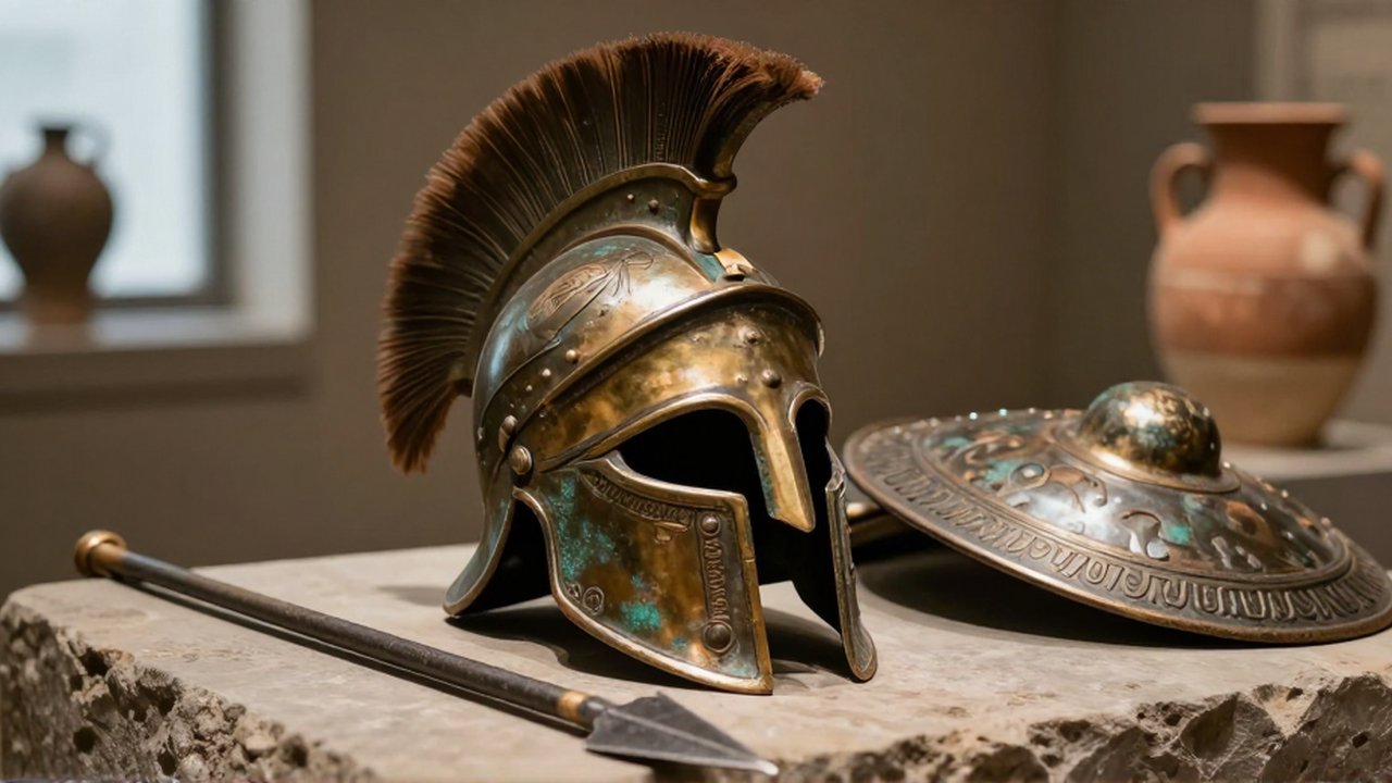 Casco de bronce antiguo y escudo sobre una superficie de piedra junto a una punta de lanza.