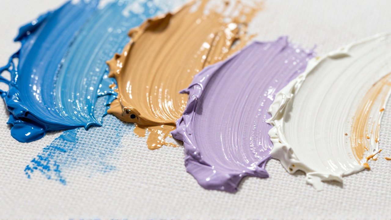 Primer plano de pinceladas gruesas de pigmento azul, ocre, violeta y blanco sobre un lienzo texturizado.