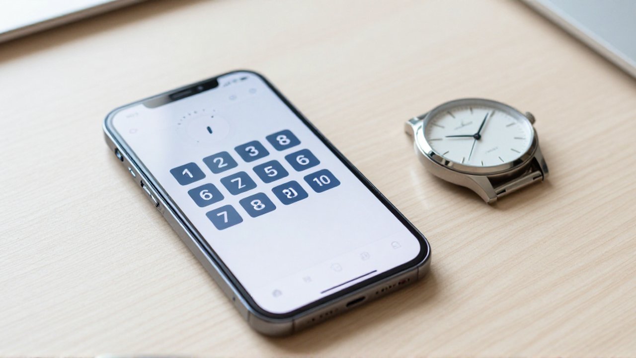 Smartphone con un código de seguridad de seis dígitos sobre un escritorio junto a un reloj analógico.