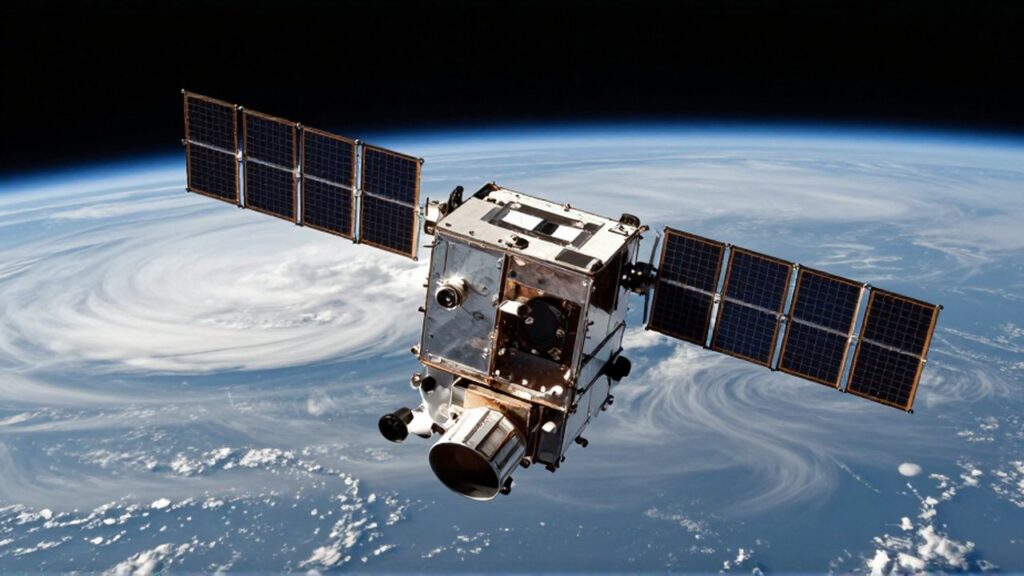 Satélite meteorológico con paneles solares y sensores metálicos sobre la curvatura terrestre con nubes blancas.