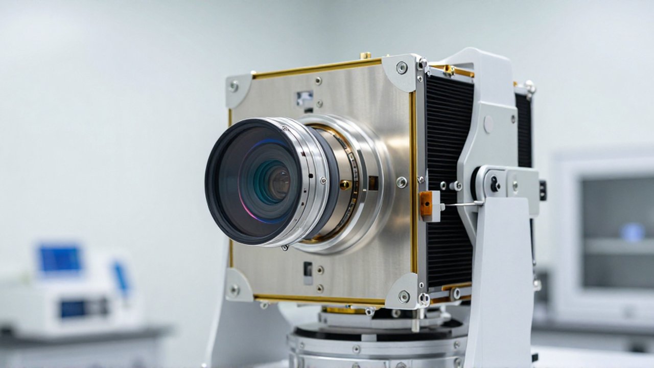 Primer plano de un sensor multiespectral de un satélite meteorológico con componentes metálicos y lentes en un laboratorio.
