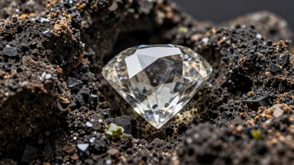 Un gran diamante en bruto emerge entre roca volcánica oscura y minerales cristalinos.