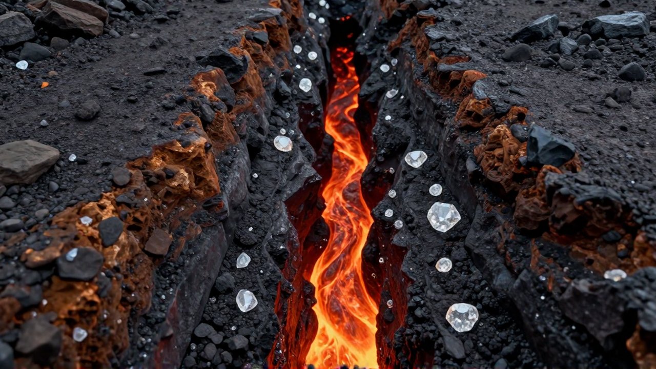 Sección transversal de un conducto volcánico con magma brillante y diamantes en bruto entre rocas oscuras.