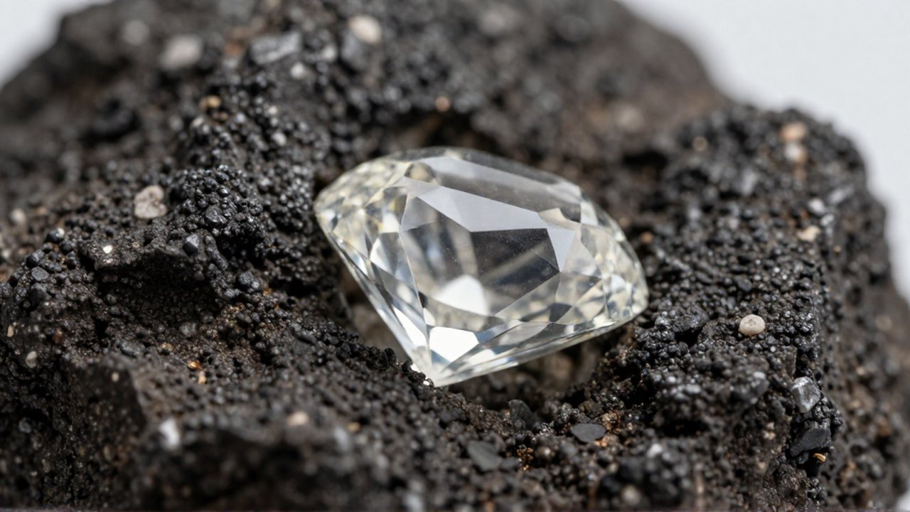 Diamante en bruto con facetas geométricas incrustado en una roca volcánica oscura y texturizada.